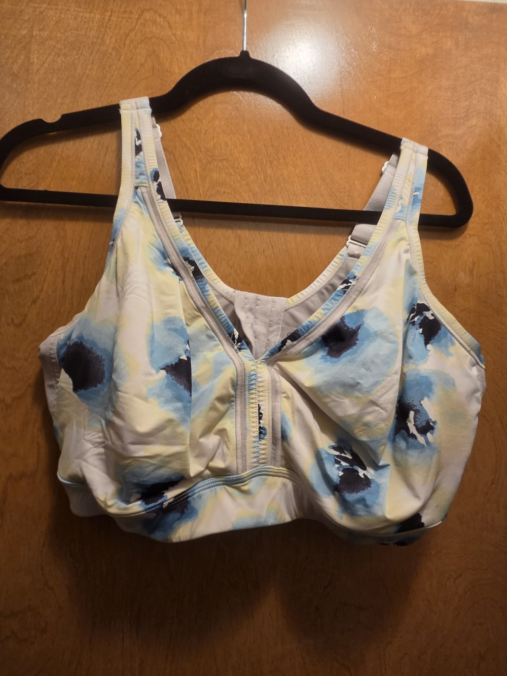 Cacique Light Blue and Yellow Floral Front-Zip Support Bra